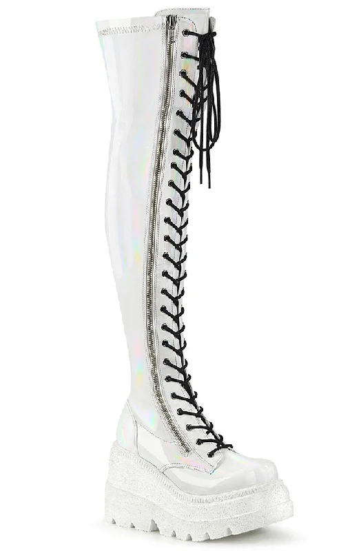 SHAKER-374 White Holographic Thigh High Platform Boots