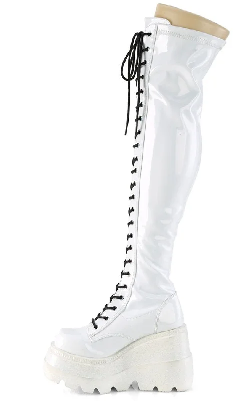 SHAKER-374 White Holographic Thigh High Platform Boots