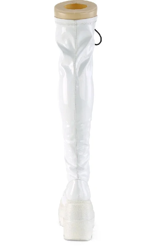 SHAKER-374 White Holographic Thigh High Platform Boots