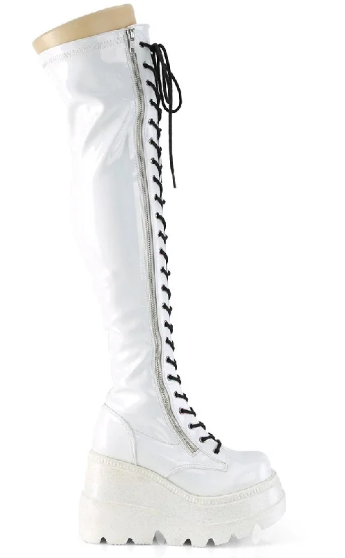 SHAKER-374 White Holographic Thigh High Platform Boots