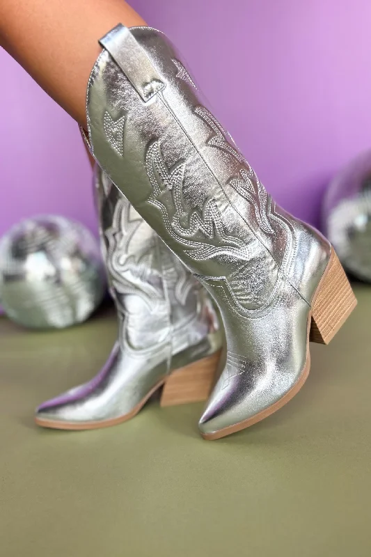 Silver Metallic Embroidered Western Boots