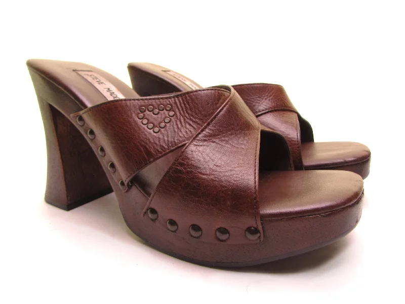 STEVE MADDEN Platform sandals wood CHUNKY HEEL shoes 90s brown leather high heel sandals square toe open toe shoes wooden sandals. Size 8 8.5