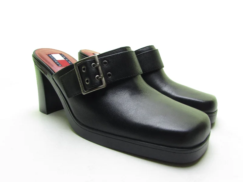 TOMMY HILFIGER Platform shoes 90s Square Toe Black Leather Mules Chunky Heel Clogs punk grunge goth high block heel slip on Rare Size 8 1/2