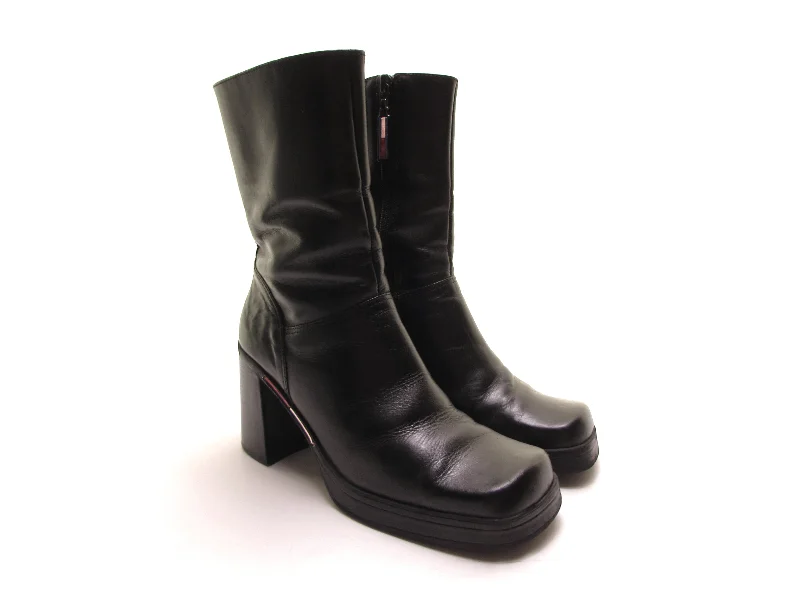 TOMMY HILFIGER vintage 90s platform boots square toe boots chunky heel boots black leather biker boots rocker goth boots grunge high heel boot 6 1/2