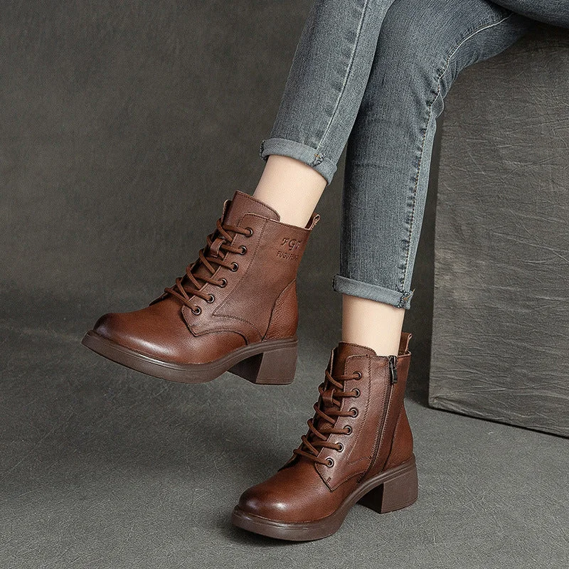 Vintage Leather Lace-up Mid-heel Martin Boots