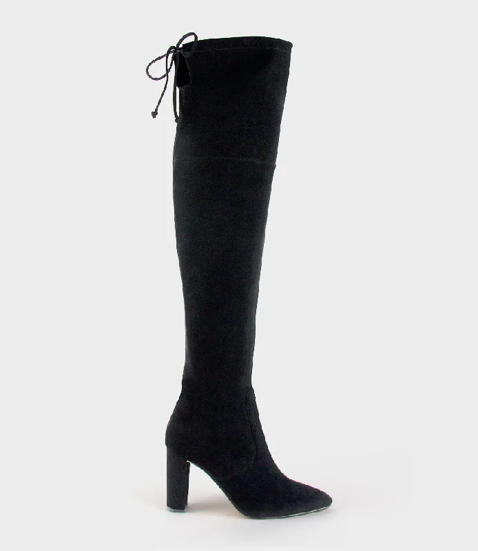 VIXEN90 Block Heel OTK Stretch Boot in Black Suede