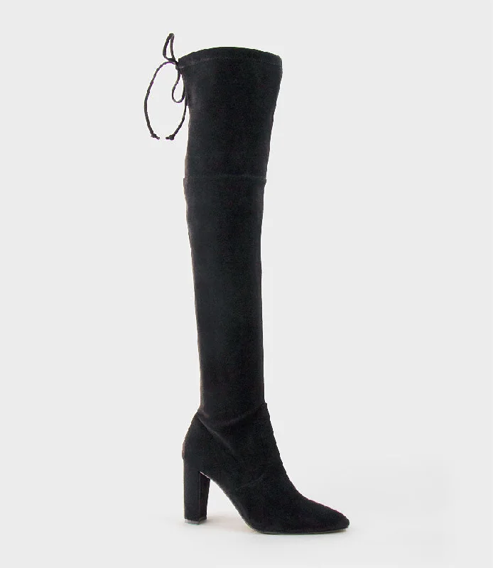 VIXEN90 Block Heel OTK Stretch Boot in Black Suede