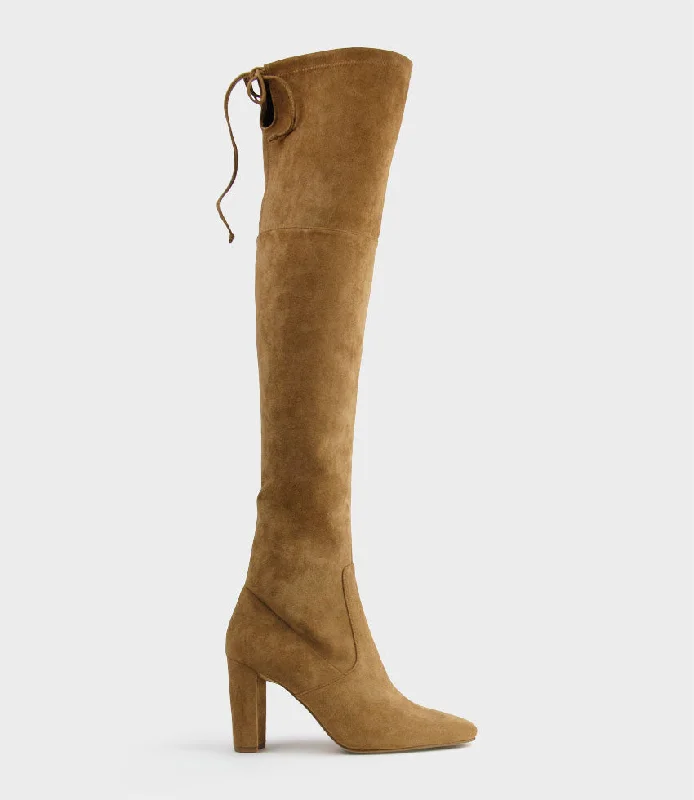 VIXEN90 Block Heel OTK Stretch Boot in Tawny Suede