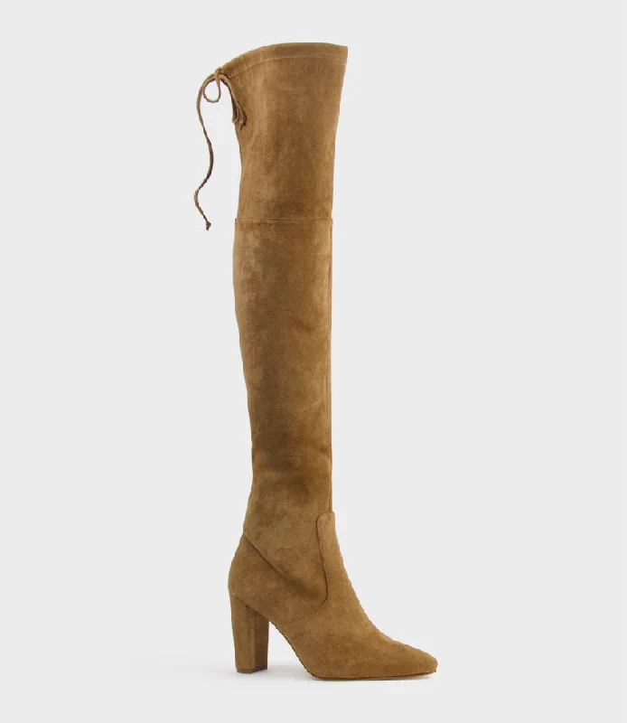 VIXEN90 Block Heel OTK Stretch Boot in Tawny Suede