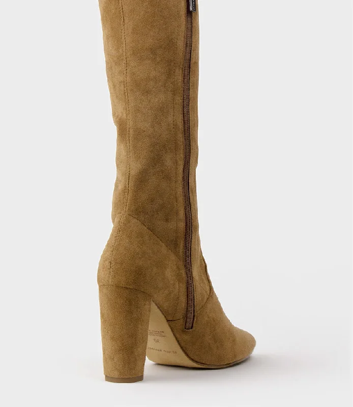 VIXEN90 Block Heel OTK Stretch Boot in Tawny Suede