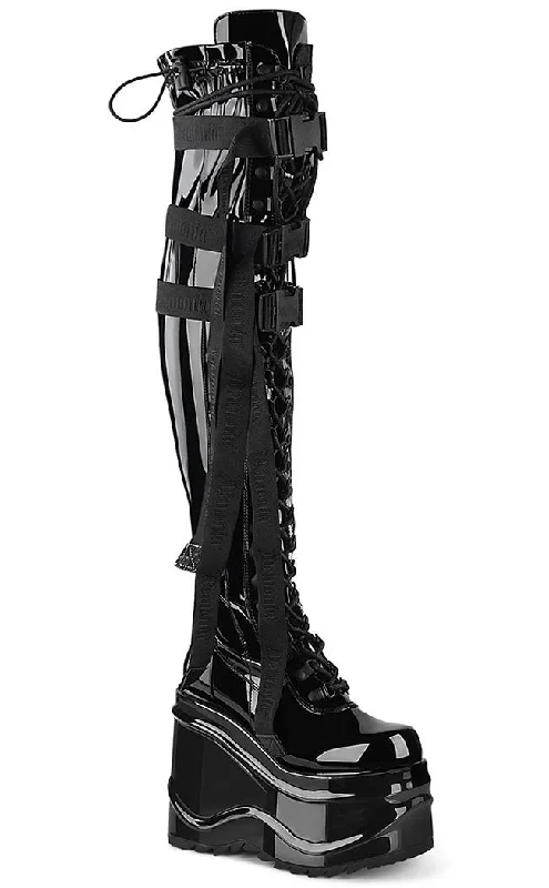 WAVE-315 Black Patent Thigh High Platform Boots