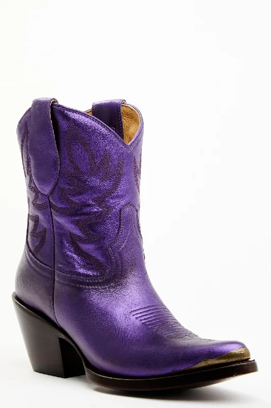 Wheels Metallic Violet Leather Booties - Round Toe