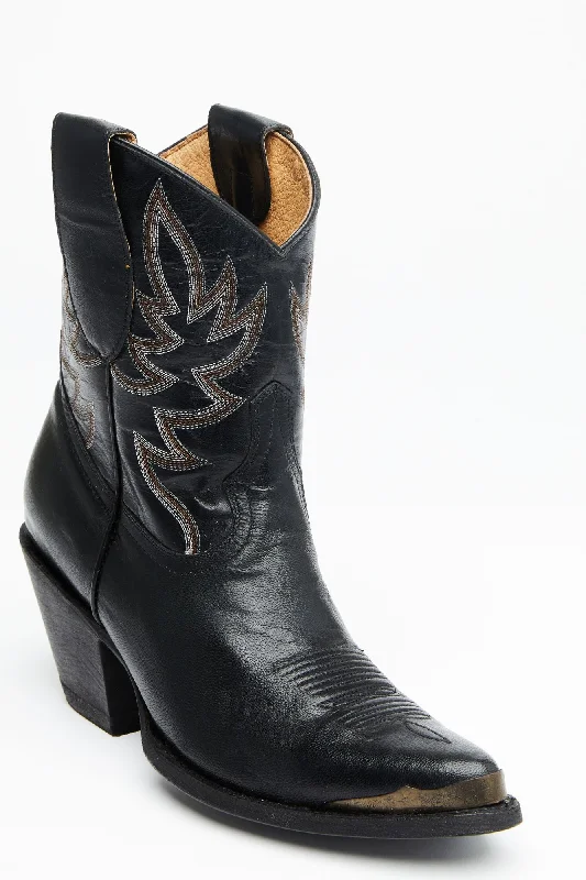 Wheels Black Leather Western Booties - Round Toe