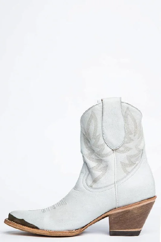 Wheels White Leather Western Booties - Round Toe