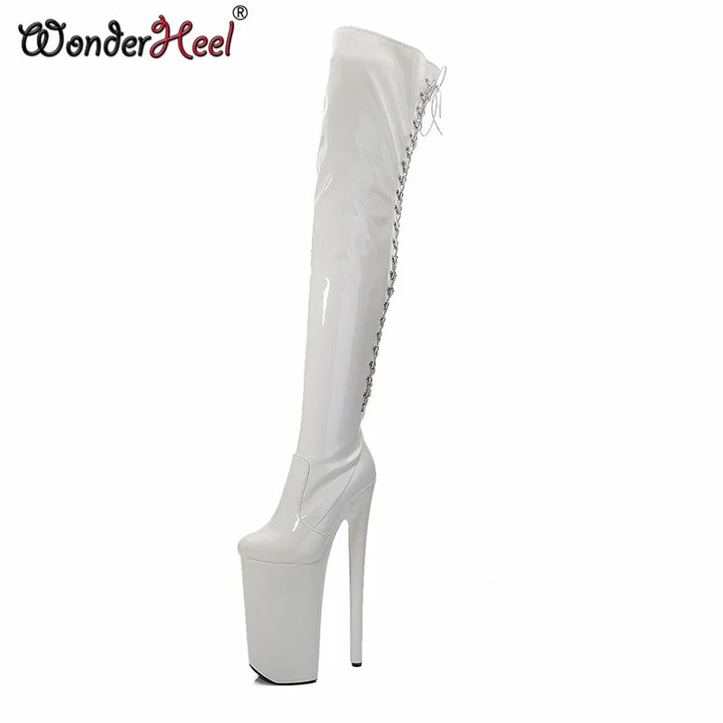 Wonderheel Extreme High Heel 10 inch Stiletto Heel With Platform Patent Back Lacing Over The Knee Sexy Fetish Thigh High Boots