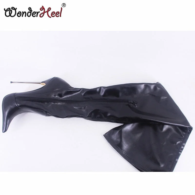 Wonderheel New 16cm Ultra Thin Metal Heel Extreme High Heel Matt Leather Pointed Toe Sexy Crotch Boots Nightclub Over Knee Boots