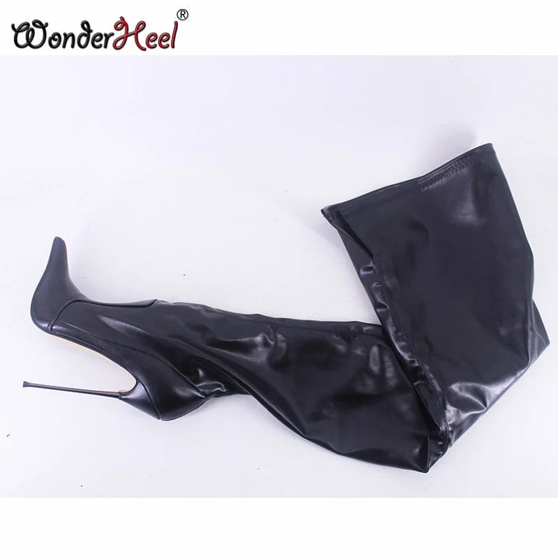 Wonderheel New 16cm Ultra Thin Metal Heel Extreme High Heel Matt Leather Pointed Toe Sexy Crotch Boots Nightclub Over Knee Boots