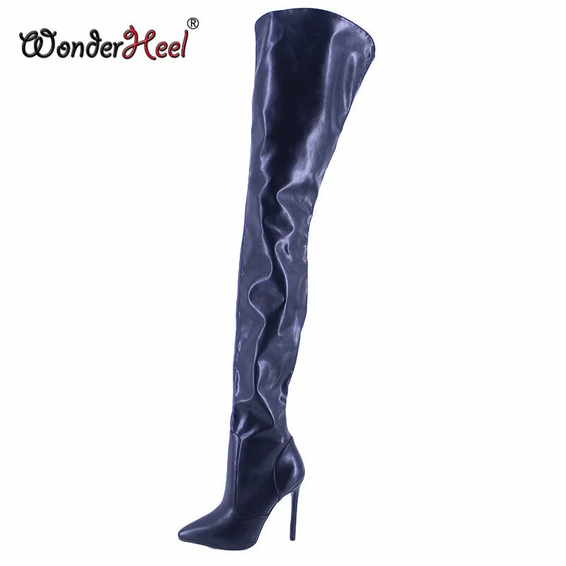 Wonderheel Over Knee High Boots 12cm Stiletto Heel Pointed Toe Matt Leather Sexy Fetish Crotch Boots Dropshipping