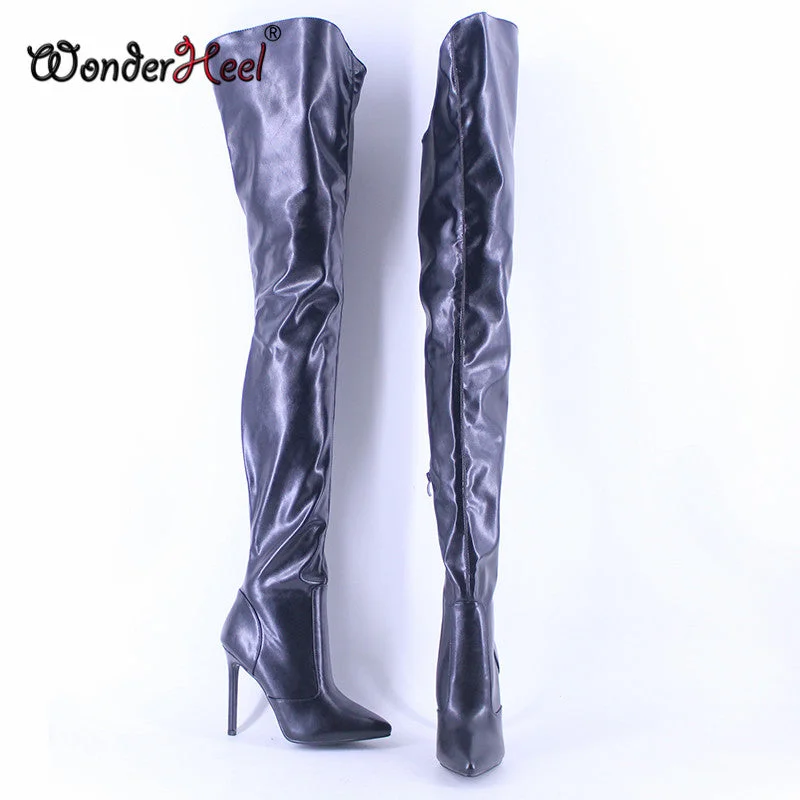 Wonderheel Over Knee High Boots 12cm Stiletto Heel Pointed Toe Matt Leather Sexy Fetish Crotch Boots Dropshipping